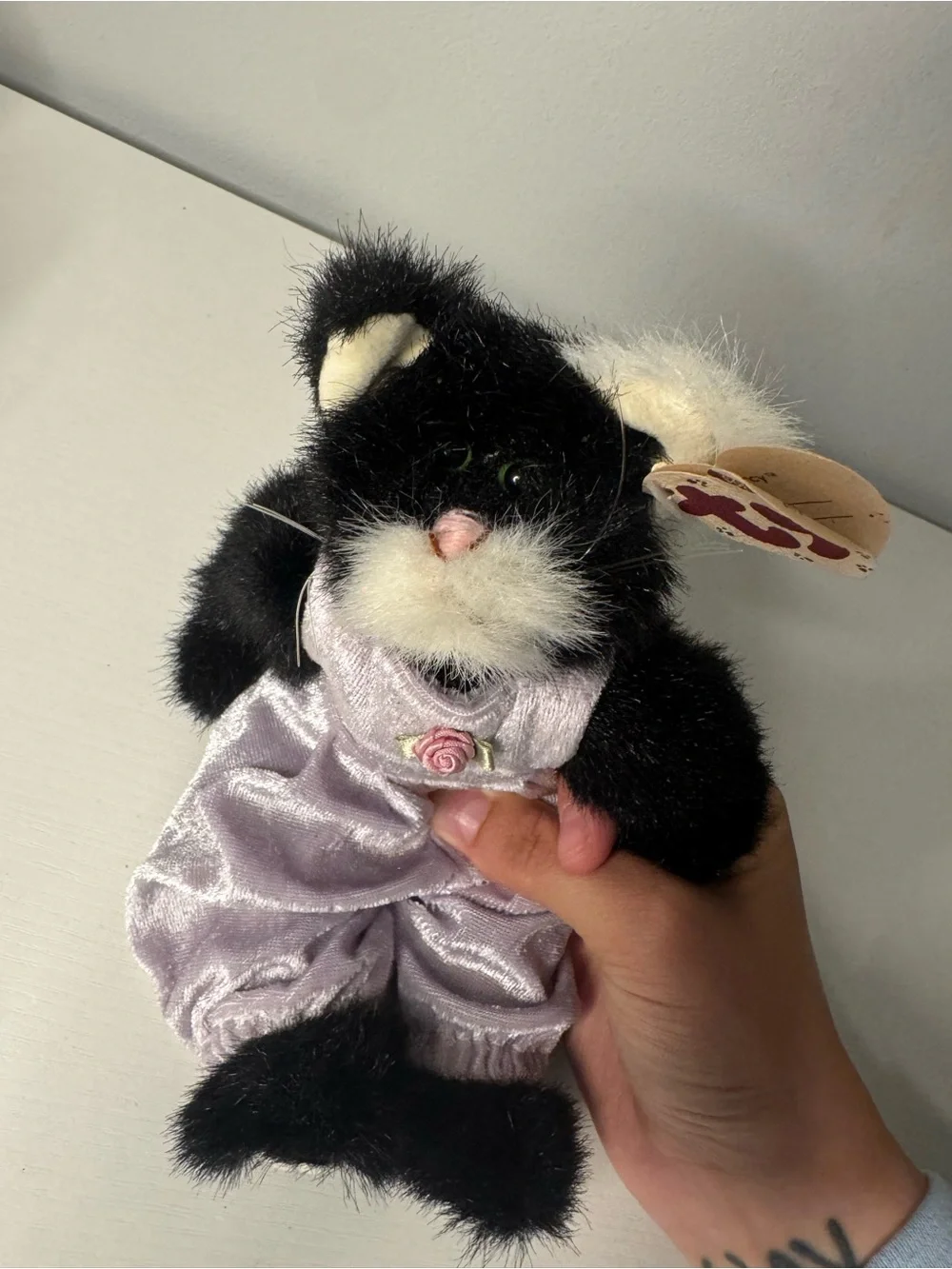 Ty Black & White Cat Beanie Baby in Lilac Outfit